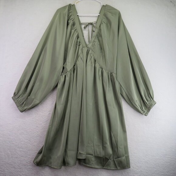 Shein Curve Dress Size 1XL Sage Green V Neck Long Sleeve A Line Tie Back - Picture 1 of 9